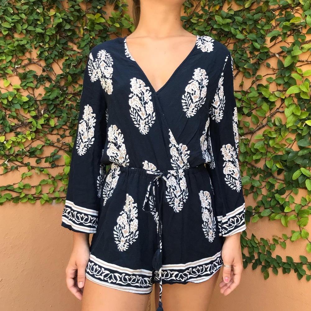 Navy Blue Leaf Print Romper